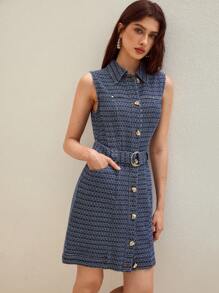 MOTF STUDIO BUTTON FRONT BELTED DENIM DRESS