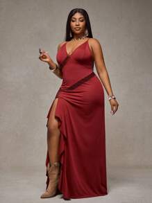 Slaydiva 2026 Spring Summer New Beach Vacation Casual Hollow Sexy Elegant Romantic Party Cocktail Dress Elegant Romantic High Slit Ruffle Strap Maxi Dress For Plus Size Women - Burgundy - View 3