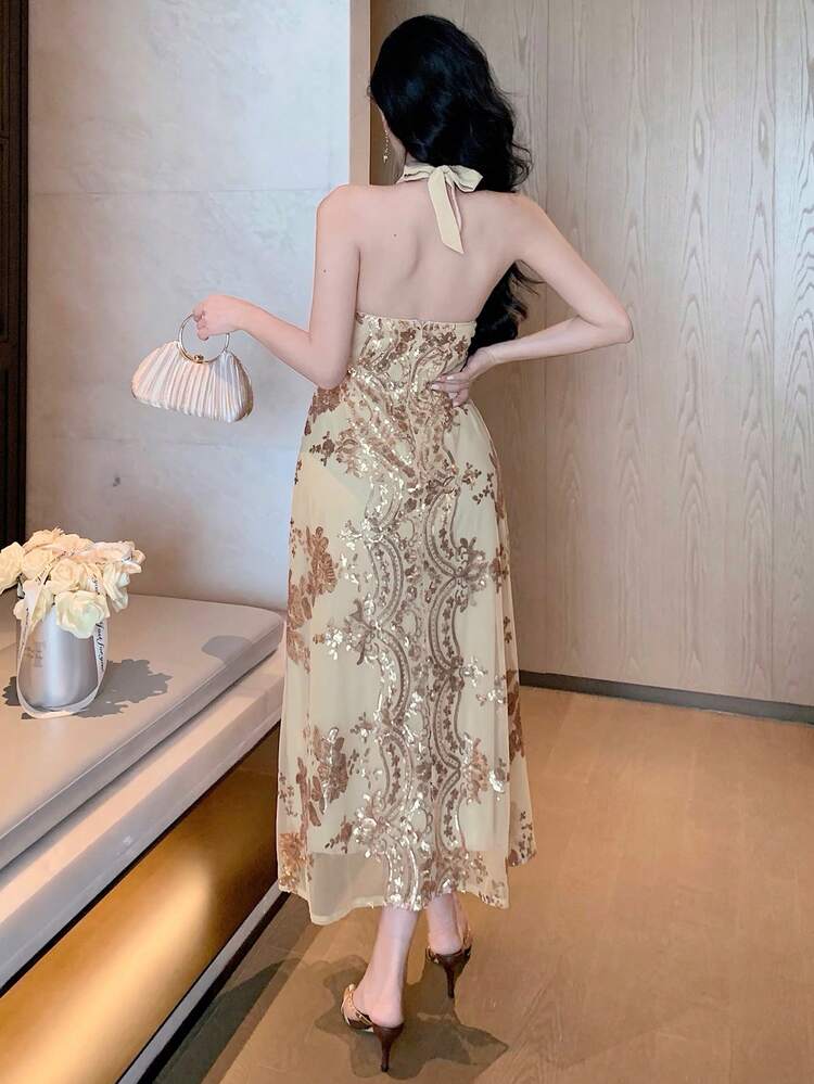 Elegant Sequin Patchwork V-Neck Sleeveless Long Dress For Women, Summer Maxi Dress Boho Vacation Outfits Women