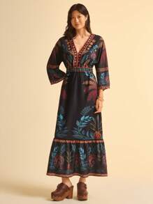 CAJUNI Casual Tropical Colorful Floral Retro Print Deep V-Neck Backless Maxi Dress For Women - Multicolor - View 7