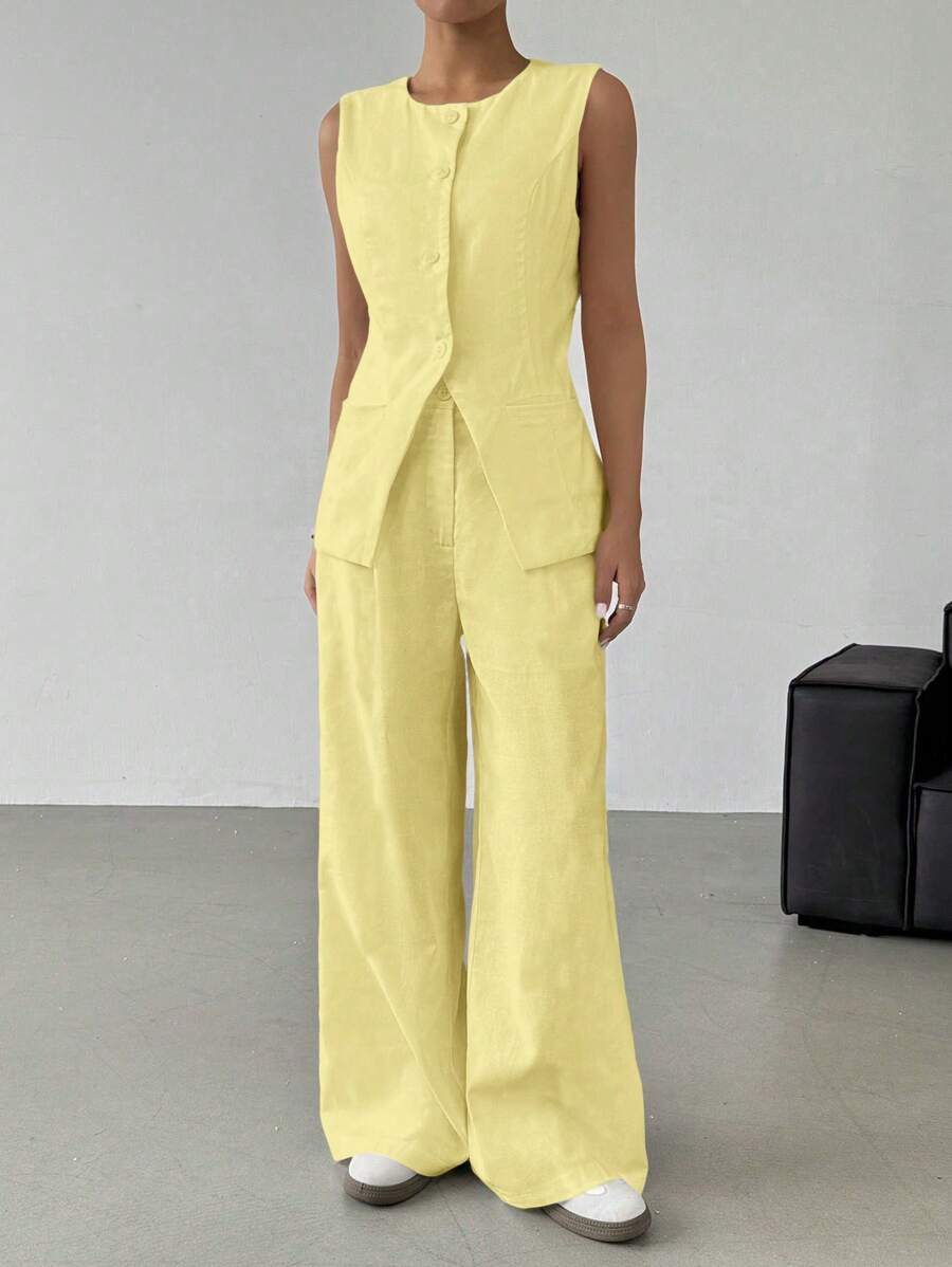 SHEIN EZwear Ensemble 2 pièces en lin pour femmes, jaune, décontracté pour les tenues de bureau d'été pour femmes, tenue professionnelle pour femmes d'affaires, vêtements pour femmes professionnelles en automne/hiver - Jaune citron - Voir 1