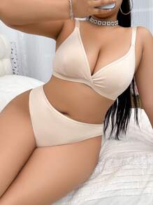 2pcs Plus Size Women Underwear Set, Wireless Lace Bra With Shiny Straps - Apricot - View 4