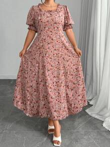 Modelyn Vestido evasé con cuello cuadrado y estampado de flores diminutas para tallas grandes - Multicolor - Ver 4