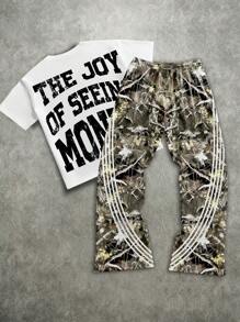 Manfinity EMRG Conjunto de camiseta y pantalones holgados de tipo streetwear, de ajuste suelto, con estampado de camuflaje de personaje de dinero y rayas, estilo hip hop