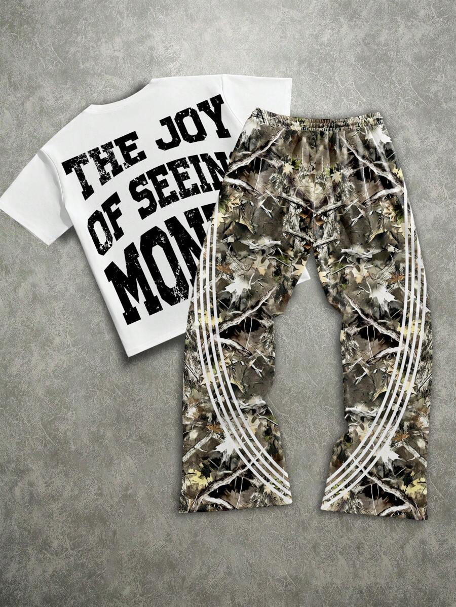 Manfinity EMRG Conjunto de camiseta y pantalones holgados de tipo streetwear, de ajuste suelto, con estampado de camuflaje de personaje de dinero y rayas, estilo hip hop