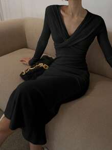 DAZY Gaun Bodycon Lengan Panjang Model Duyung untuk Wanita, Gaun Maxi Musim Gugur - Hitam - View 5