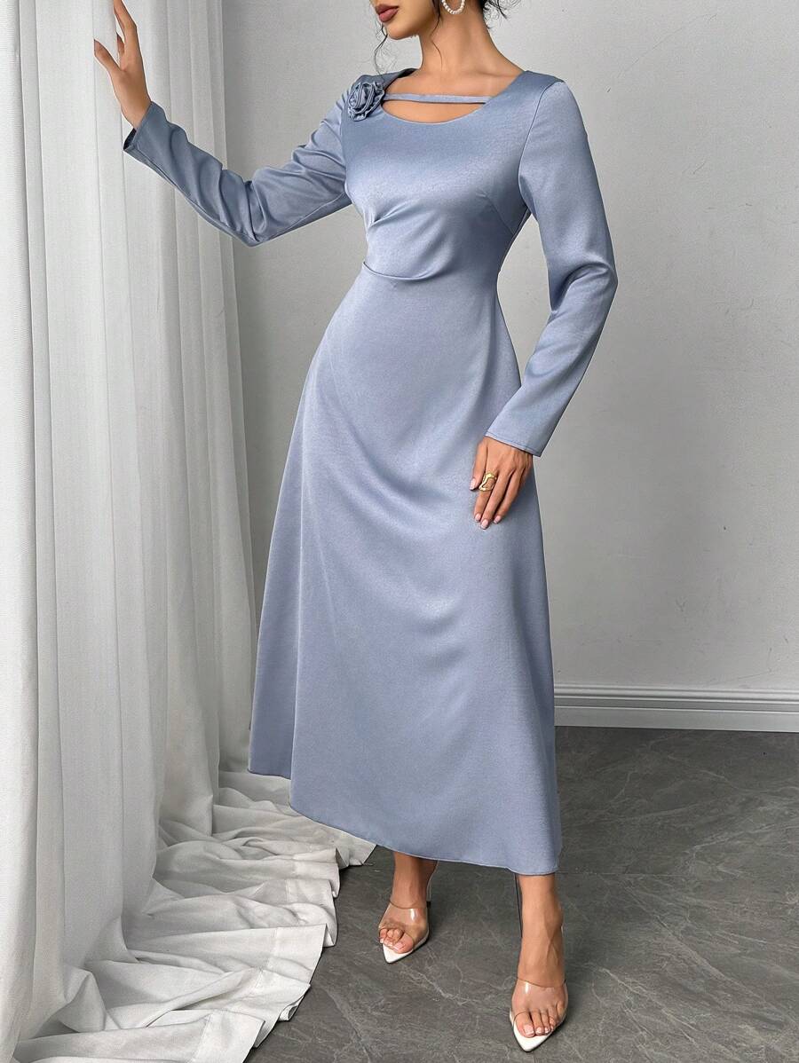 Modelyn 女式褶饰圆领花卉装饰腰带中长连衣裙 - 藍色 - 查看 1
