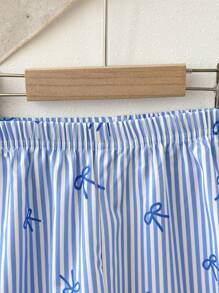 SHEIN Elladie kids 2pcs/Set Young Girls Bow Striped Printed Top & Printed Casual Pants Set, Suitable For Summer Fall Winter - Blue - View 7