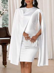 SHEIN Lady 女士优雅纯色开叉袖紧身连衣裙，夏季商务休闲白色连衣裙