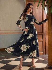 ZEYLAH 女士优雅花卉印花褶饰网眼针织连衣裙 - 黑色 - 查看 6