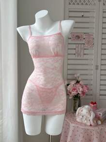 SHEIN 2件套女士蕾丝无线性感内衣套装 - 粉色 - 查看 7