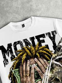 Manfinity EMRG Conjunto de camiseta y pantalones holgados de tipo streetwear, de ajuste suelto, con estampado de camuflaje de personaje de dinero y rayas, estilo hip hop