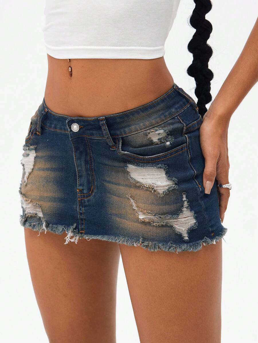 SHEIN Unity Minifalda vaquera de jean mini vintage desgastada y rasgada, de moda para el verano - Azul - Ver 1