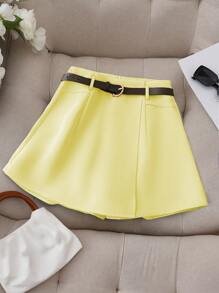 Franclia Women's Fashion Minimalist Solid Color Faux Pocket Skort With Belt, Versatile For Commuting - Yellow - View 5