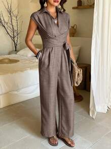 DAZY 度假商务休闲收腰扭结蝴蝶结V领直筒女式连体裤女式连体衣秋冬 - 咖啡棕 - 查看 3