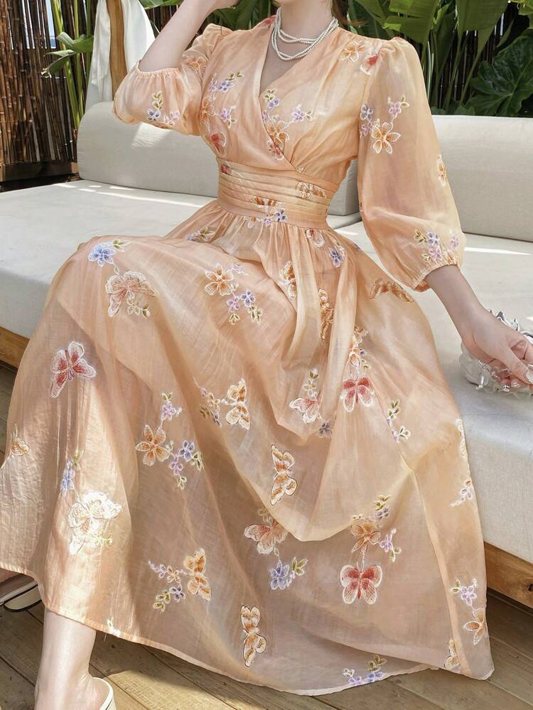 Women's V-Neck Casual Ombre Butterfly Puff Sleeve Mid-Length Dress Maxi Dress Boho