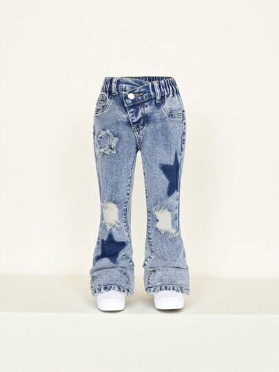 SHEIN Explorewe 年轻女孩中号洗水蓝星刺绣做旧喇叭牛仔裤