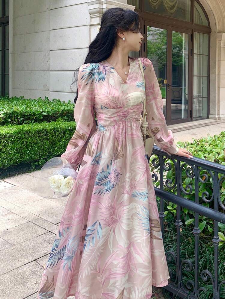 V-Neck Pleated Floral Print Mid-Length Dress For Women,Fall Dress Long Sleeve Dress