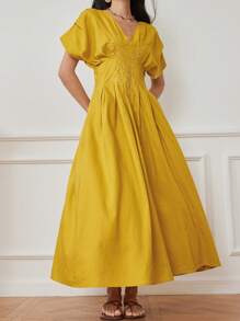 Dazy-Less V-Neck Linen Summer Casual Dress, Waisted With Puff Sleeves, Solid Color, Simple Embroidered Ditsy Floral Pattern, Elegant Midi Length For Women Business Casual Woman - Yellow - View 1