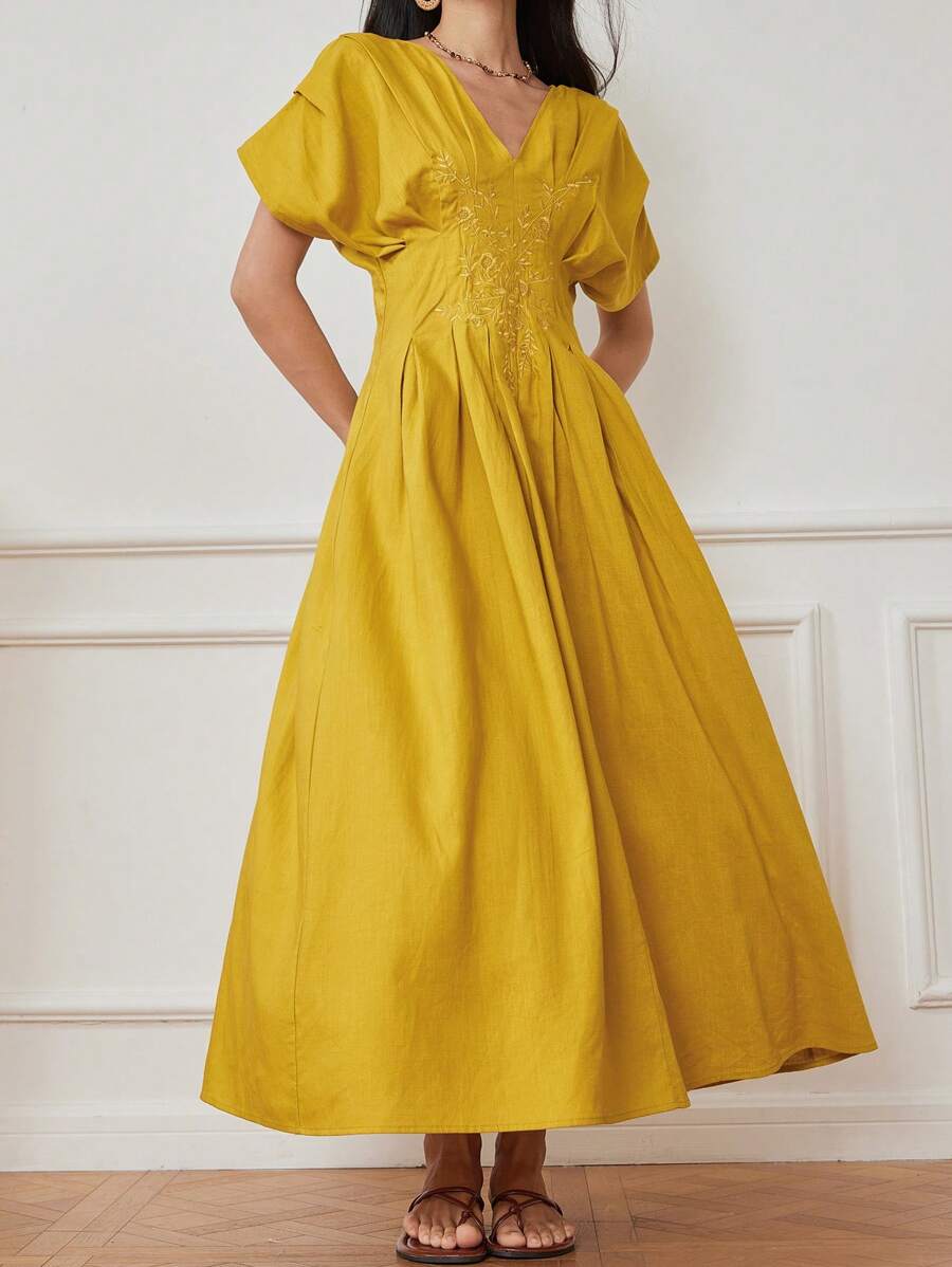 Dazy-Less V-Neck Linen Summer Casual Dress, Waisted With Puff Sleeves, Solid Color, Simple Embroidered Ditsy Floral Pattern, Elegant Midi Length For Women Business Casual Woman - Yellow - View 1