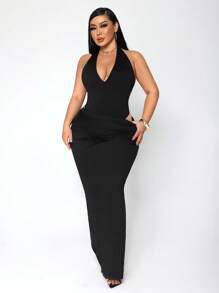 SHEIN SXY Set da 2 pezzi di taglia comoda, composto da body aderente con schiena profonda e gonna dritta con spacco alto, adatto per strada, casual, sexy, vita quotidiana, viaggi, shopping, appuntamenti. Fresco e comodo da indossare, facile da abbinare, slanciante e valorizzante per la figura.