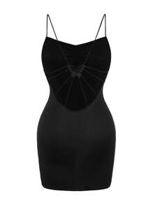 Women Simple Solid Color Spaghetti Strap Hollow Casual Sexy Nightdress - Black - View 3