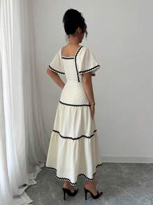 Rafferiza 女式方领泡泡袖纹理法式假日荷叶边喇叭裙，毛茛黄色，优雅