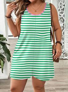 EMERY ROSE Casual Minimalist Green Striped Round Neck Sleeveless Jumpsuit With Contrast Color, Plus Size - Multicolor - View 5