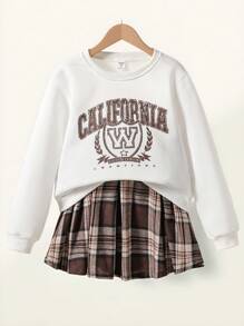 SHEIN Conjunto de 2 piezas con sudadera de cuello redondo estampada y falda plisada a cuadros para niña preadolescente