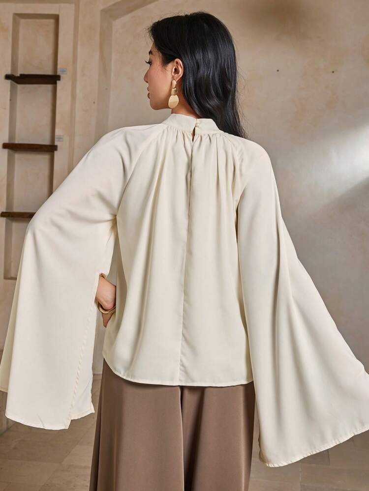 Women Elegant Solid Color Hollow Sleeve Slit Stand Collar Blouse, Spring/Summer,Fall Women Clothes Long Sleeve Top