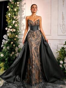 Glamrae 优雅奢华露肩缎面亮片和珠饰美人鱼长裙，适合婚礼、派对、度假、舞会和活动（重度装饰） - 黑色 - 查看 6