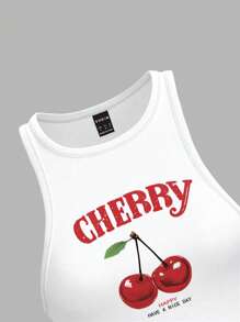 SHEIN PETITE Casual Cherry Print White Minimalist Round Neck Slim Fit Tank Top For Women, Suitable For Summer - White - View 3