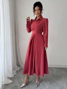 Modelyn Elegant French-Style Tie-Up Shirt Dress For Women Fall Cloth For Women - Watermelon Pink - View 4