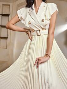 DAZY Women's Cream-Yellow Trench Vest-Style Chiffon Mesh Patchwork Cinched Waist Elegant Dress, Spring/Summer Maxi Dress - White - View 1