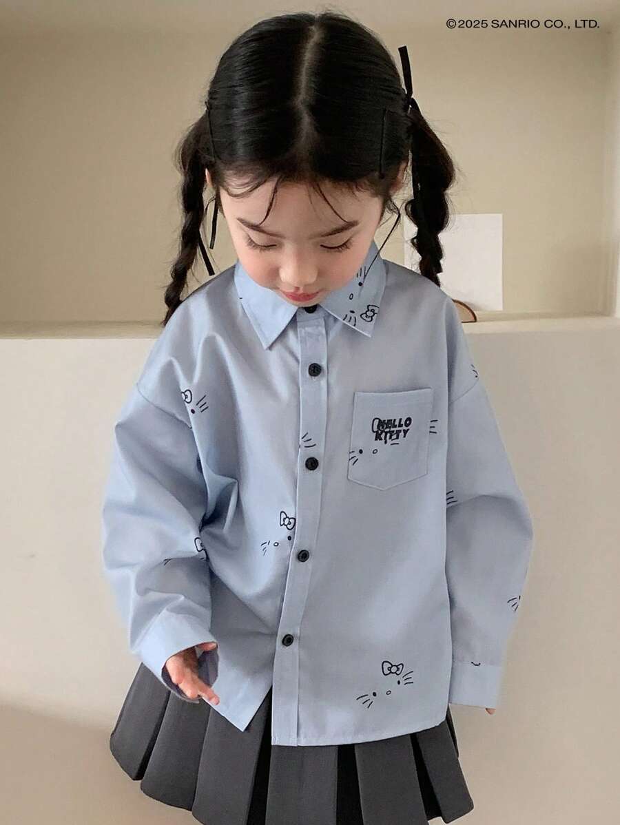 HELLO KITTY | DAZY 年轻女孩全身印花长袖领编织衬衫，适合春夏季（年轻女孩） - 藍色 - 查看 1