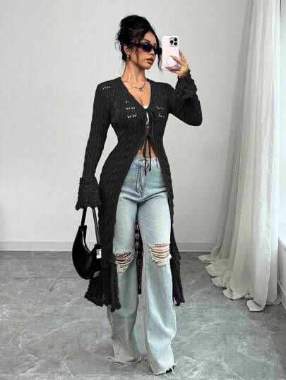 Selianne Cárdigan tipo maxi de manga larga de punto con puños acampanados y escote en V, de corte casual, en color marrón, para primavera/otoño