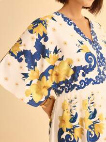 CAJUNI 大码女式波西米亚风热带花卉印花 V 领宽松袖沙滩迷你连衣裙，夏季休闲 - 彩色 - 查看 6