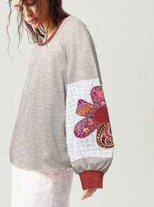 Bohemela T-shirt ample à col rond pour femmes, en maille de couleur unie, avec patchwork, manches lanternes et broderie florale