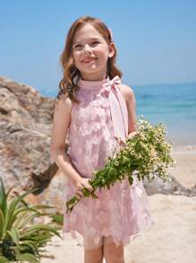 SHEIN Young Girl's Stand Collar Mesh Floral Casual Loose Halter Dress