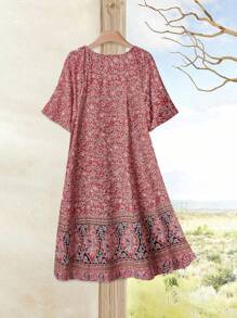 Rusticease Plus Size Women's Country Style Casual Vacation Floral Print Short Sleeve Dress,Gifts For Mother,Summer Holiday,Vacation Outfits Women,Simple And Fashionable For Everyday Wear,Vacay Vibes,Springbreak,Casual Wear SS,Bohemia,Summer Dresses For Women