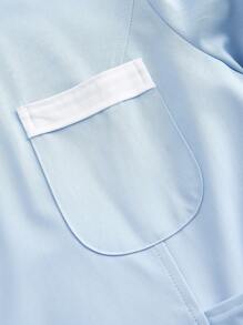 Scrubzie Blue & White Collar Nurse Uniform Dress, Long Sleeve Single Button Up