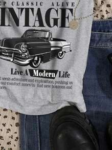 Attitoon 女士休闲性感复古汽车印花图案吊带背心紧身黑灰色撞色背心，夏季穿着