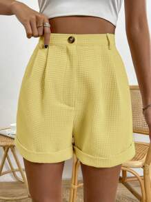 SHEIN LUNE 高腰素色纹理休闲短裤，夏季 - 黃色 - 查看 4