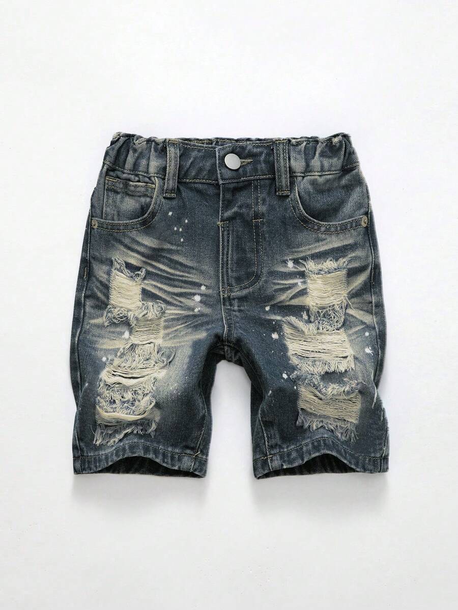 SHEIN Young Boy Fashionable Light Wash Distressed Denim Shorts
