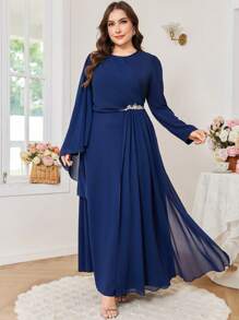 Modelyn Plus Size Women Elegant Pearl Rhinestone Decor Bodycon Round Neck Event Dress Fall Cloth For Women - Navy Blue - View 5