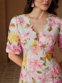 Women V-Neck Short Puff Sleeve Ruffled A-Line Lace Floral Print Dress, Summer, Festival, Holiday, Vacation, Elegant - Pink - View 5