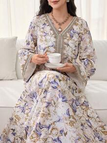 SHEIN Najma Váy dài tay in hoa cho nữ, chắp vá móc, váy kaftan chữ A thanh lịch giản dị & váy jalabiya, dành cho tiệc tối/khách dự tiệc cưới/kỷ niệm/mặc hàng ngày - Nhiều màu - Xem 1