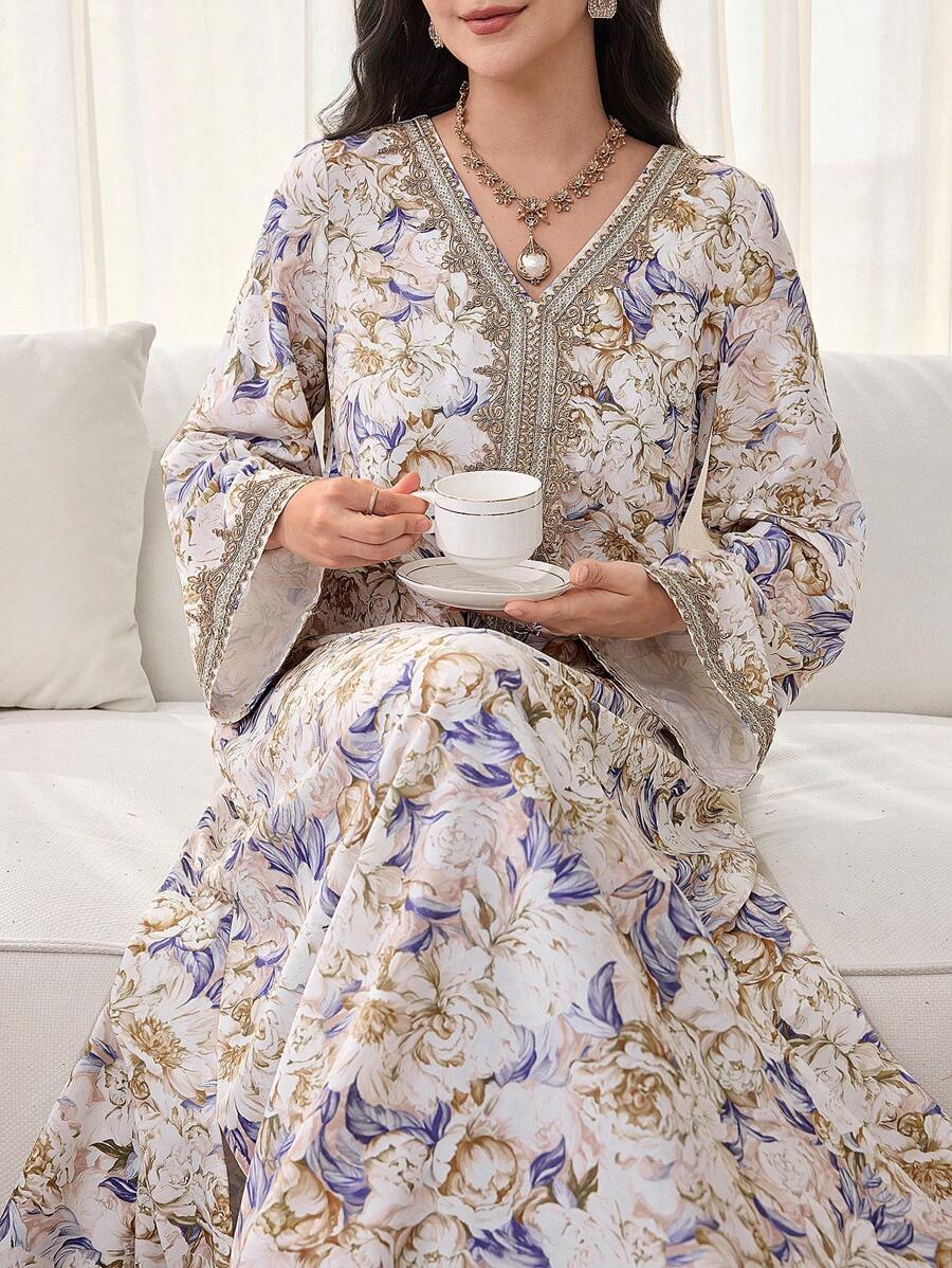 SHEIN Najma Váy dài tay in hoa cho nữ, chắp vá móc, váy kaftan chữ A thanh lịch giản dị & váy jalabiya, dành cho tiệc tối/khách dự tiệc cưới/kỷ niệm/mặc hàng ngày - Nhiều màu - Xem 1