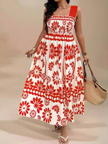 SHEIN Clasi Flowers Birds Plus Size Boho Floral Printed Casual Wide Strap Dress, Minimalist & Stylish For Daily Wear, For Summer Tropical Colorblock Floral Print Vacation Fashionable Style - Multicolor - View 1