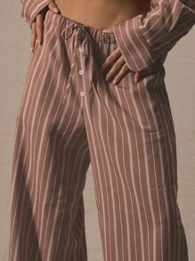 MUSERA Mid Rise Drawstring Waist Wide Leg Trousers Bottom Only Summer Cute Vacation Stripe Holiday Casual - Khaki - View 6